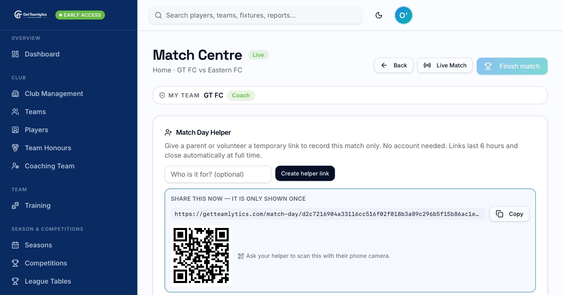 Match Day Helper link and QR code in Match Centre