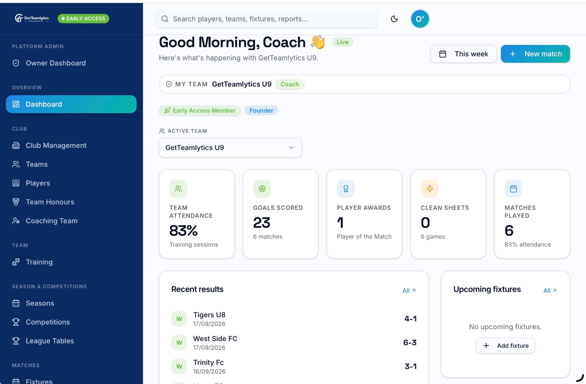 GetTeamlytics dashboard showing season performance and fixtures