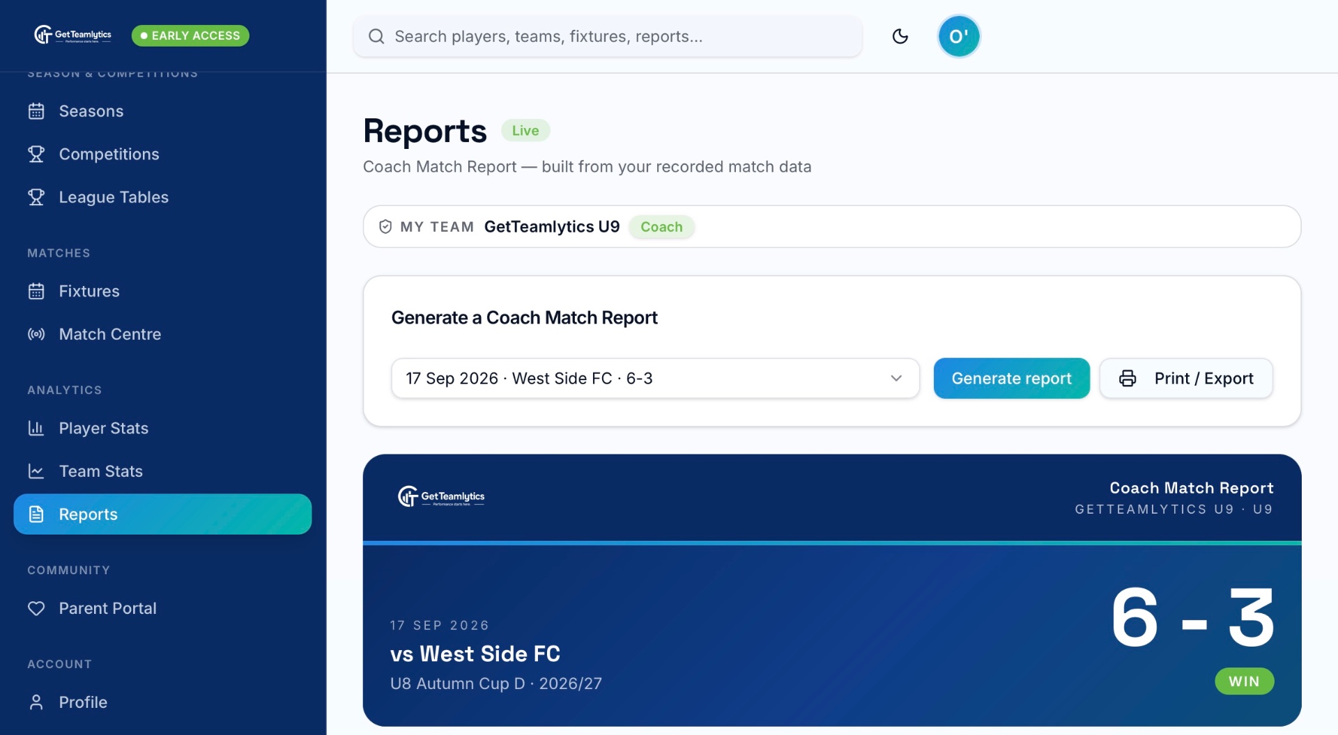 GetTeamlytics Coach Match Report showing a match summary and player contributions