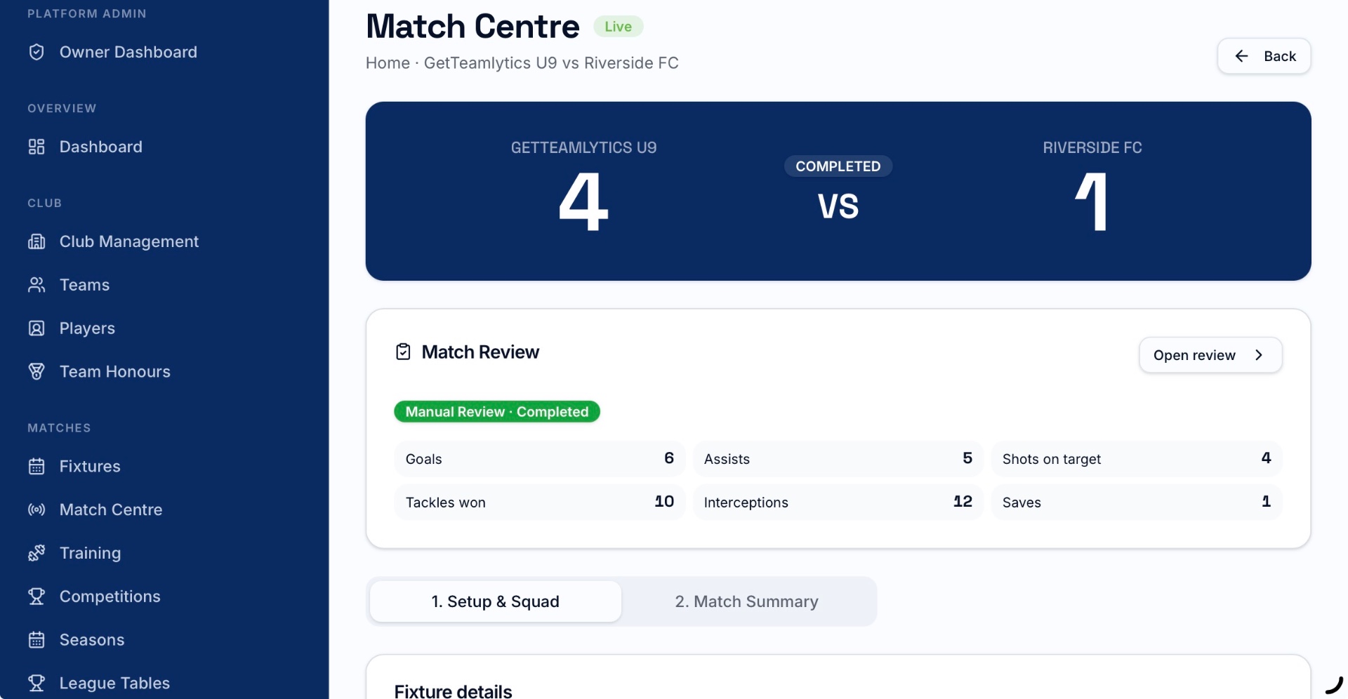 GetTeamlytics Match Centre